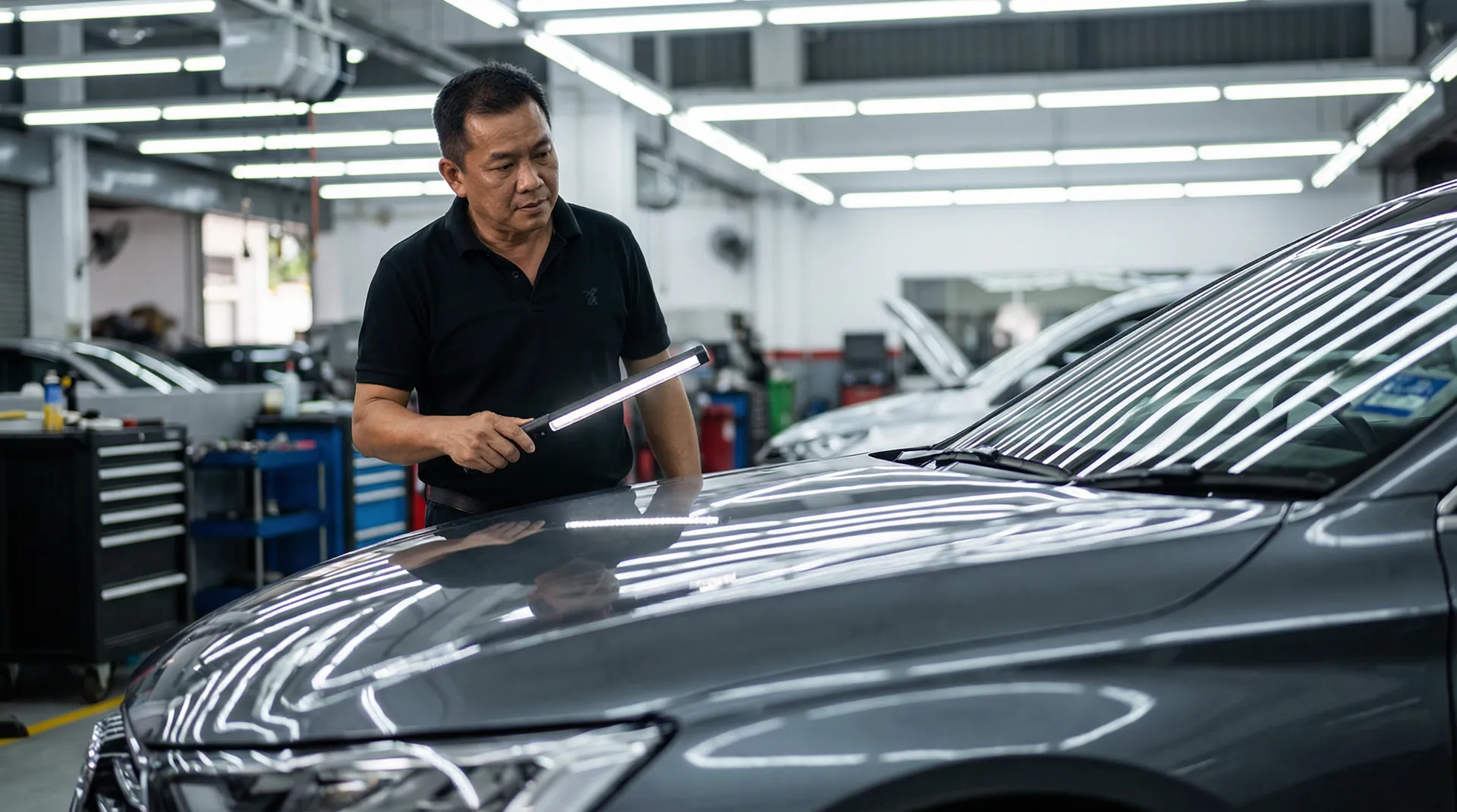 Car inspection Kuala Lumpur specialist checking vehicle hood with LED light