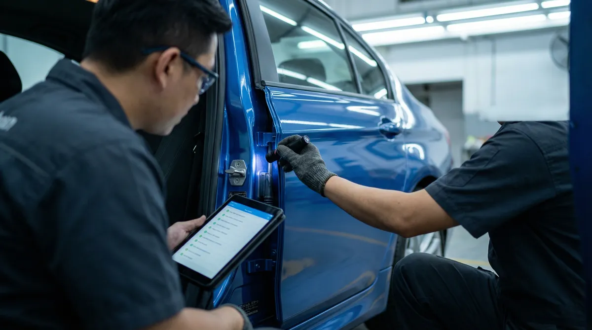 CarCheck inspector checking specific car areas with checklist